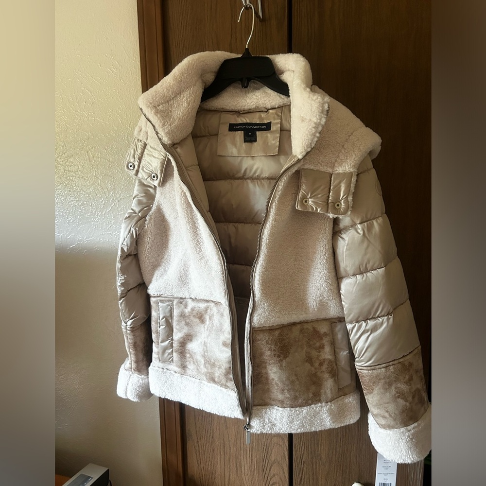 French Connection vegan leather Sherpa coat